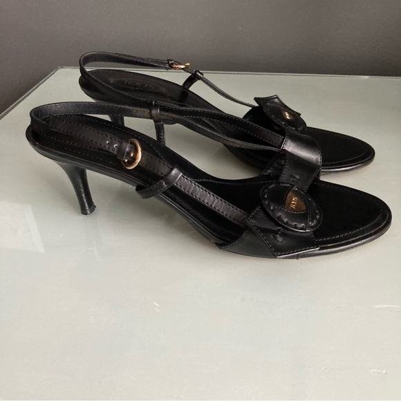 TOD'S Black Leather Open Toe Sling Back Low Heels Size 9.5 - Picture 6 of 6